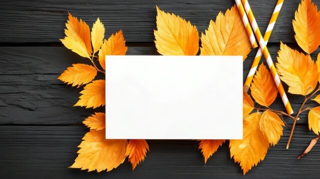 White blank card surrounded by orange autumn leaves and striped straws on dark wood table, flat lay top view, concept of seasonal celebration