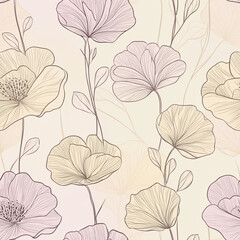 Floral pattern with delicate line drawings in soft pastel colors  
