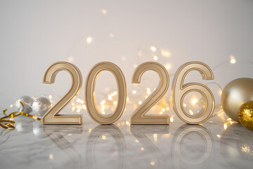 Golden 2026 numbers with bokeh lights and ornaments