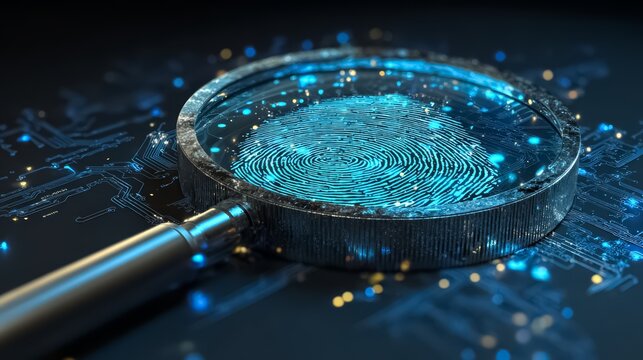 Magnifying glass is used to look at a fingerprint. The fingerprint is blue and has a lot of detail