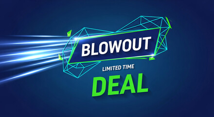Digital illustration with blue backdrop, shows text "Blowout" and "Deal" in geometric design, representing promotional sale offer, marketing, discount