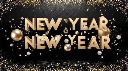 Stylish New Year background featuring rich black gradient, bright golden confetti bursts, and elegant 3D floating year digits in luxe metallic gold