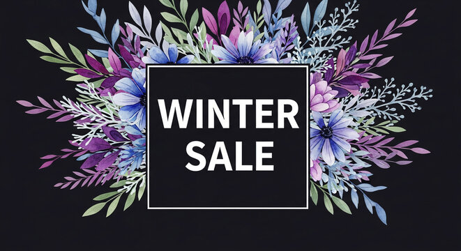 Watercolor floral arrangement on dark background with text in frame, representing a winter sale advertisement with elegant botanical design and free space - Powered by Adobe