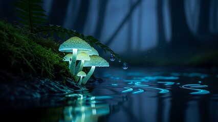 Bioluminescent mushrooms glowing brightly in a mystical forest scene