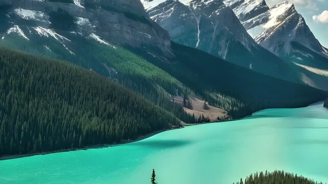 Turquoise lake and mountains scenic landscape with pi