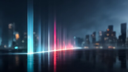 City skyline is reflected in a body of water. The water is illuminated with a rainbow of colors