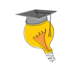 Continuous single one line sketch drawing of bulb lamp idea graduation student college hat cap education vector illustration editable stroke