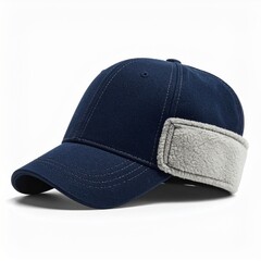 Close up of a blue denim baseball cap with gray ear flaps on a white background