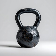 Old Black Kettlebell With Rusty Spots On A Light Gray Background With Soft Shadows