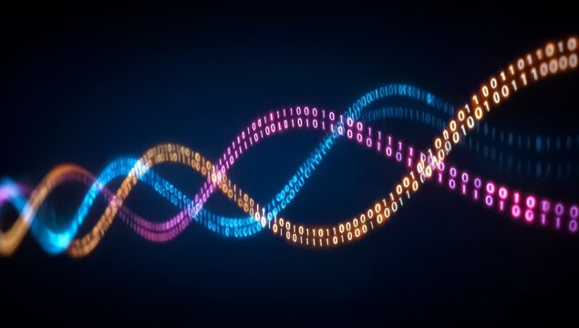 Colorful wave of binary code. The colors are red, orange, and blue. Concept of technology and innovation - Powered by Adobe