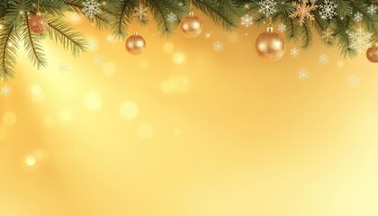 Golden Christmas Decorations Adorn Evergreen Branches Against a Bokeh Background