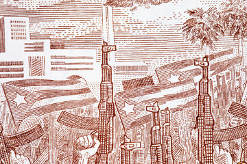 10 Pesos Cuba image of national flags and soldiers with Kalashnikov assault rifles. Paper money...