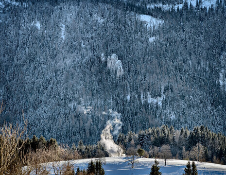 Landscape with a plume of smoke in front of a shady slope with snow-covered trees and rocks near Mariazell in winter, Austria