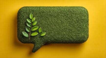 Green leaf is on top of a green box that looks like a speech bubble. The box is on a yellow background