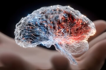 Floating digital brain in hand with glowing neural circuits and electric background imagery