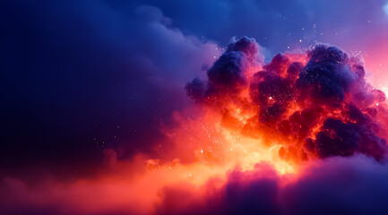 Obraz premium Large cloud of smoke with a bright orange flame in the middle. The sky is dark blue and the clouds are thick and heavy