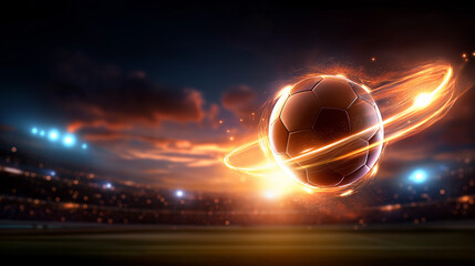 Glowing soccer ball, arcs across stadium, fiery trail dramatic, sunset sky speed, competition energy fan, excitement sports broadcast, digital motion design, defocused stadium back