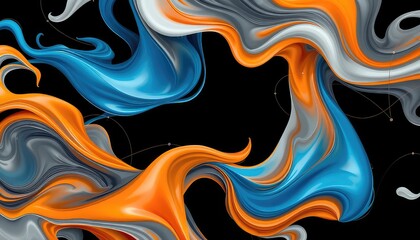 Dynamic fluid forms in contrasting blue, orange, and grey, swirling against a stark black backdrop