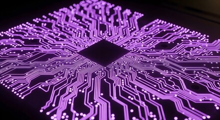 Neon purple glowing circuit board connections illuminate a central processor, representing technology, advanced digital information, future innovation, and computational power