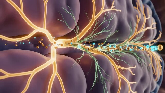 Serotonin modulation in the hypothalamus, where glowing neurotransmitter particles influence hormonal signaling. Downstream pathways dim or brighten in response, representing shifts in appetite, sleep