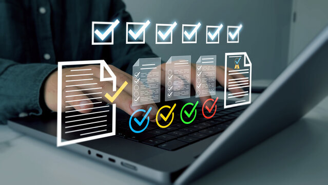 Businessman check virtual electronic documents and checklist approve.Business productivity checklist and filling survey form.Fast checklist and clipboard task management.