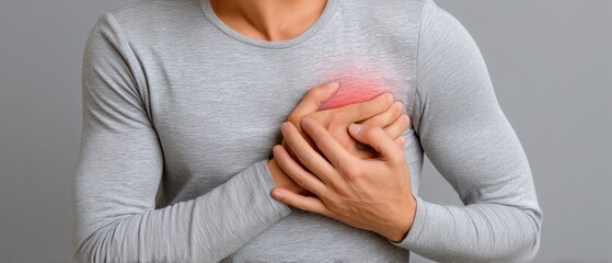 Man experiences pain in chest area while holding his hand over heart region in a close-up shot