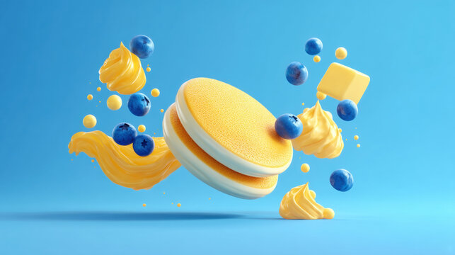 Delicious pancakes with blueberries and cream in motion against a blue background. A dynamic composition of mini pancakes, fresh blueberries, and creamy swirls suspended in mid-air with splashes. - Powered by Adobe