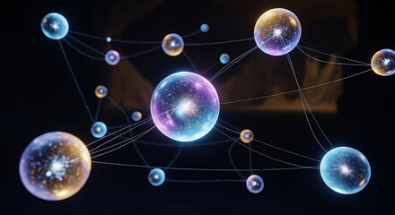 Dynamic network of luminous cosmic spheres, illustrating quantum entanglement, multiverses, or scientific data connections in an abstract, futuristic digital concept