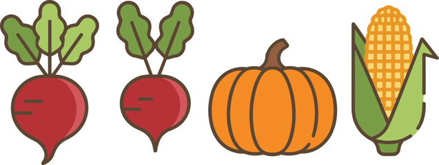 Simple vegetable illustration set featuring beets, pumpkin, and corn in flat minimal style, autumn harvest produce graphic collection