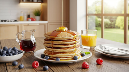 Stack of pancakes with syrup, berries, and juice in kitchen setting  