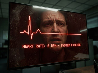 Computer monitor displaying a flatline heart rate graph with a reflection of a stressed worker's face, illustrating critical tech burnout and system failure.