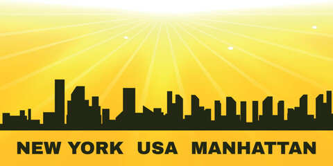 A minimalist black silhouette panorama of modern Manhattan (New York) on a bright yellow background with sunbeams above.