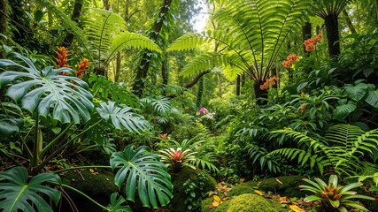 Lush tropical jungle landscape with vibrant plants and ferns