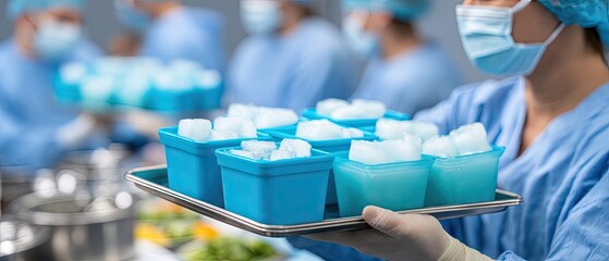Nurse holds ice box in operating room with blurred medical staff in background showcasing medical preparation for surgical procedures