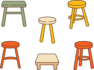 Collection of colorful wooden stool illustrations featuring round and square seats, simple furniture designs perfect for interior decor, home, and classroom projects