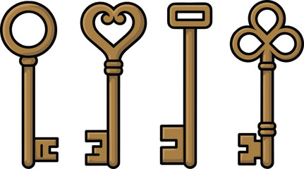 Vintage and modern key vector illustration set featuring antique skeleton key and classic metal key for security, lock, home, and access themes