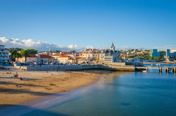 Beautiful coast of old  town Cascais, Portugal, at sunset in summer day