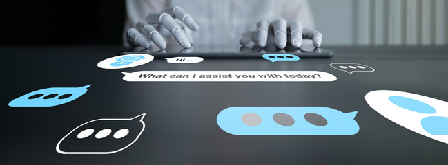 A close-up of a user typing on a tablet, surrounded by chat bubbles and icons, illustrating the seamless experience of digital communication in customer service. Gantry