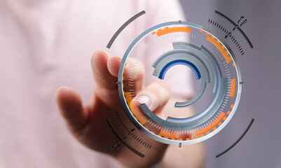 Person interacting with digital interface showing modern technology and innovation. Represents future, connection, and data processing.