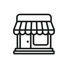 Black linear store icon with striped awning. Simple outline shop front symbol for retail business, market, e-commerce, and shopping concepts.