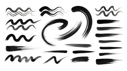 Dynamic collection of hand-drawn black ink and paint brush strokes, featuring abstract textures, expressive lines, and artistic swashes perfect for graphic design elements on a white background