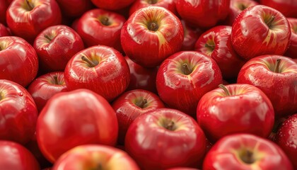A close-up view of ripe red apples with dew drops scattered across their glossy skin, hinting at freshness