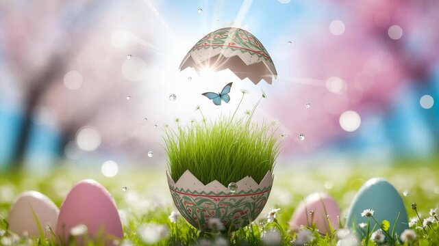 Decorative egg split open to reveal fresh grass and a butterfly in a sunlit spring meadow. Soft blurred sky and empty upper area provide copyspace and open space for text or design elements