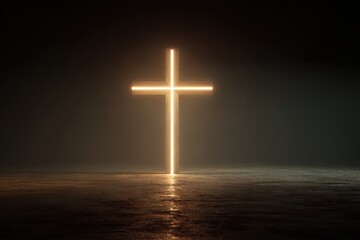 Thick luminous golden christian cross, crucifix, rising vertically from a rippling water surface, warm diffused light. Quiet, solemn atmosphere of Christ faith. Religious symbol. 
