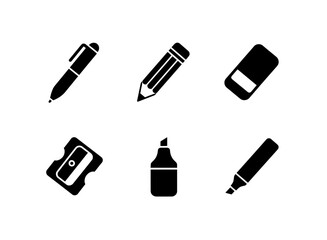 Pen Pencil Eraser Sharpener Marker Highlighter Minimal Black Fill Icon Set