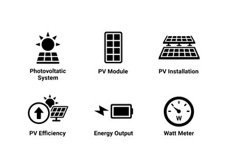 Photovoltaic System PV Module PV Installation PV Efficiency Energy Output Watt Measurement Icon Set