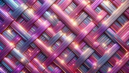 Glossy pink purple and silver ribbons are tightly woven in a crisscross pattern with glowing highlights creating a luminous intricate and modern abstract textured background