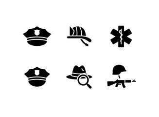 Police Officer Firefighter Paramedic Security Guard Detective Soldier Minimal Black Fill Icon Set