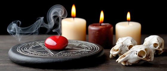 Red heart placed on altar with pentagram, candles, and animal skulls in dark room surrounded by red smoke during a ritual