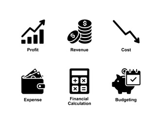 Profit Revenue Cost Expense Financial Calculation Budgeting Minimal Black Fill Icon Set